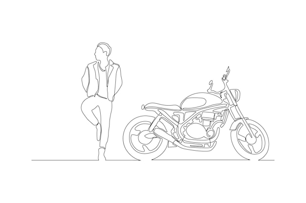 Doorlopende lijntekening van een stijlvolle man met zijn motorfiets vectorillustratie Premium vector