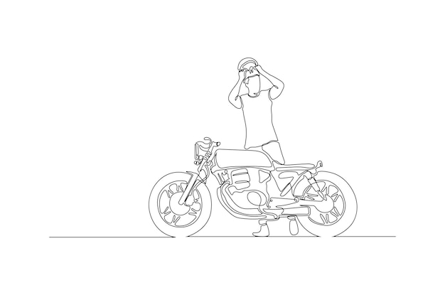 Doorlopende lijntekening van een stijlvolle man met zijn motorfiets vectorillustratie Premium vector