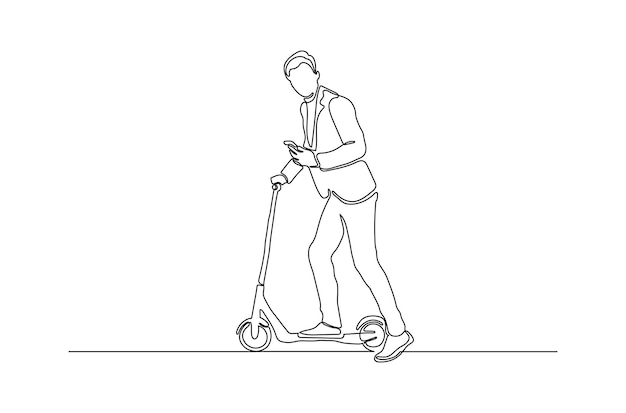 Doorlopende lijntekening van een stijlvolle man met zijn scooter vectorillustratie Premium Vector