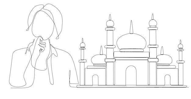 Vector doorlopende lijntekening van een vrouw die erover nadenkt een moskee te willen bouwen