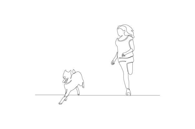 Doorlopende lijntekening van een vrouw die met haar hond als huisdier vectorillustratie rent Premium vector