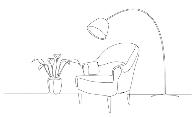 Doorlopende lijntekening van fauteuil met lamp en plant Scandinavisch stijlvol meubilair in eenvoudig...