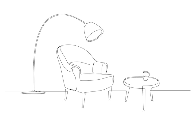 Doorlopende lijntekening van fauteuil met tafel en kop en vloerlamp scandinavische stijlvolle meub...