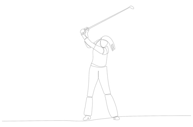 Doorlopende lijntekening van golfspeler die de bal raakt met volledige zwaai vectorillustratie premium vecto