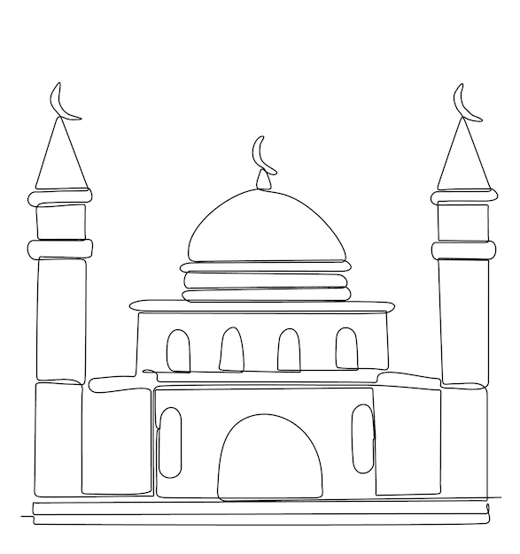 doorlopende lijntekening van islamitische moskee illustratie vector in dunne lijn doodle