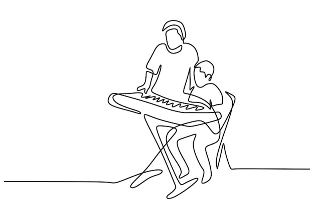 Doorlopende lijntekening van jonge gelukkige vader die piano speelt met zijn zoon