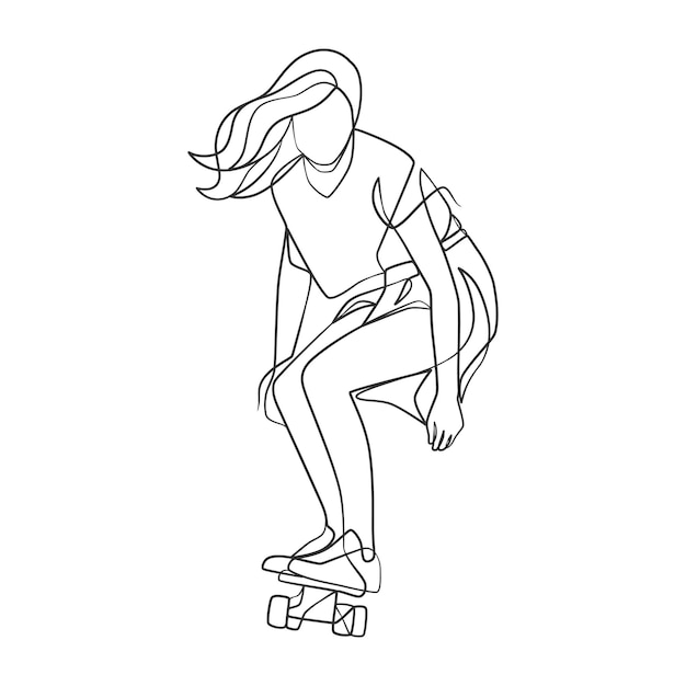 Doorlopende lijntekening van meisje dat skateboard speelt Skateboardspelspeler één lijntekening