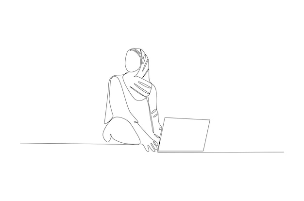 Doorlopende lijntekening van zakenvrouw die met laptop vectorillustratie werkt premium vector