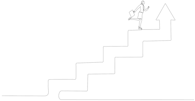 doorlopende lijntekening van zakenvrouw die op een rozendiagram staat