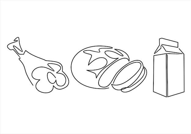 doorlopende lijntekening vectorillustratie-varkensham, brood en een pak melk
