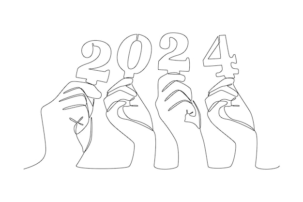 Doorlopende tekening van één lijn 2024 Gelukkig Nieuwjaar logo tekstontwerp Doodle vector illustratie