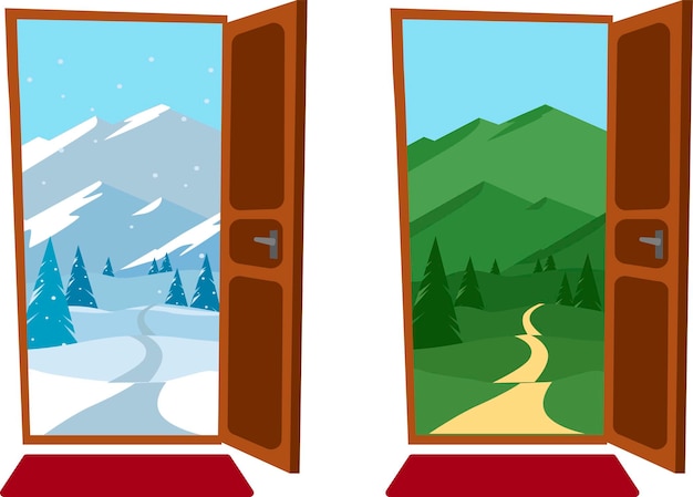 Doors with seasons and weather mountains landscapes. flat\
cartoon-style vector illustration.