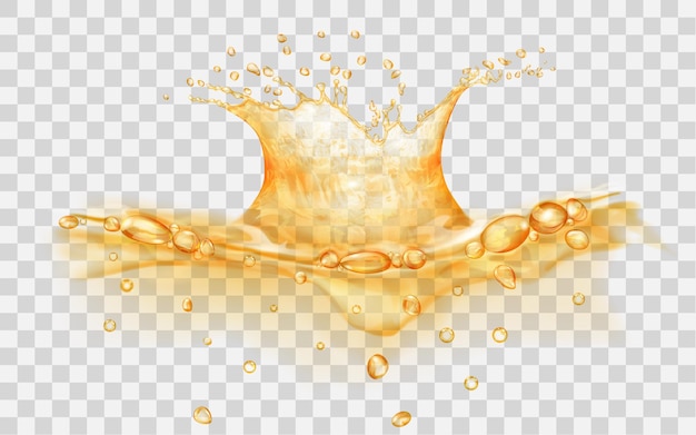 Doorschijnend wateroppervlak met kroon en druppels van vallend object Splash in gele kleuren