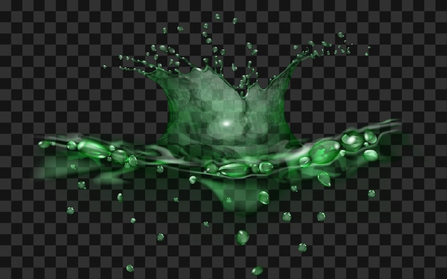 Doorschijnend wateroppervlak met kroon en druppels van vallend object. Splash in groene kleuren, geïsoleerd op transparante achtergrond. Zijaanzicht. Voor gebruik op donkere achtergronden. Transparantie alleen in vectorbestand