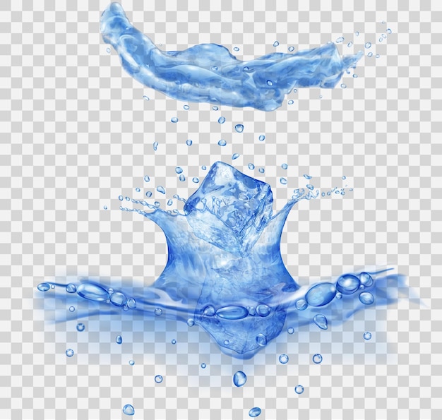 Doorschijnend wateroppervlak met kroon en druppels van vallende ijsblokjes splash in blauwe kleuren geïsoleerd op transparante achtergrond zijaanzicht transparantie alleen in vectorbestand