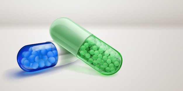 Doorzichtige blauwe en groene capsules met zachte schaduwen gevuld met kleine geneesmiddelgranulen binnenin op een wit oppervlak.