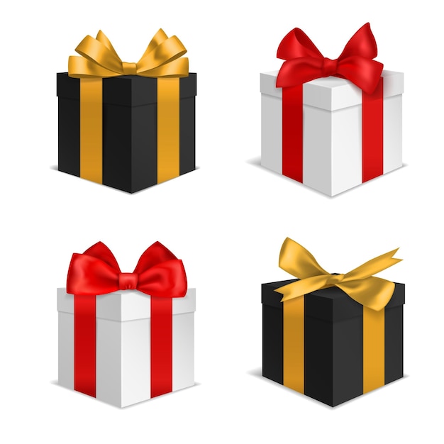 Doos cadeau met strik Zwart-wit kerstcadeautjes met rode en gouden strikken 3D-luxe cadeaus voor vakanties en verjaardagsverrassingen gesloten kartonnen inpakcontainers hoek weergave vector realistische set