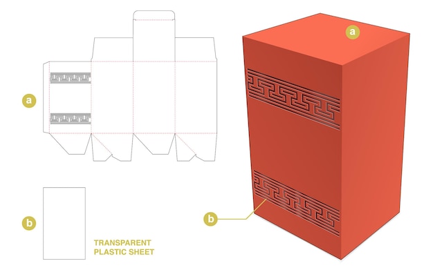 Doos en gestencild chinees patroon met gestanste sjabloon van transparant plastic vel