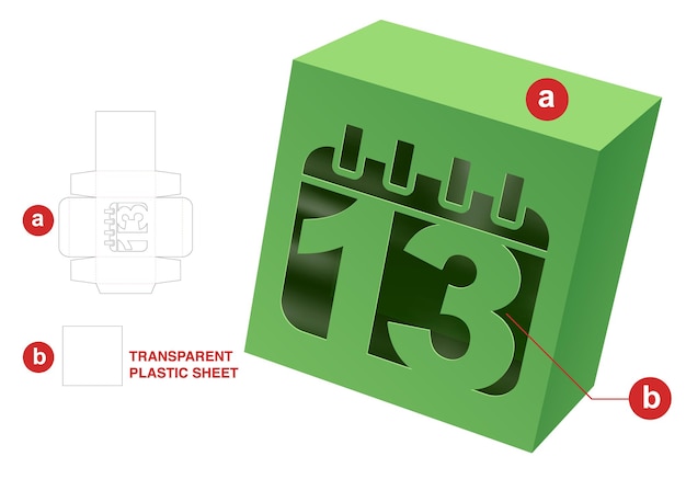 doos met gestanste sjabloon voor datumvenster en 3D-mockup