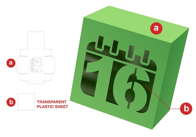 Doos met gestanste sjabloon voor datumvenster en 3d-mockup