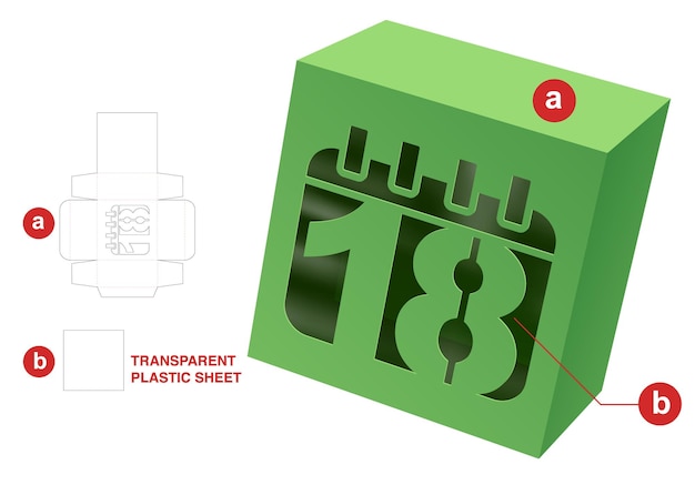 doos met gestanste sjabloon voor datumvenster en 3D-mockup