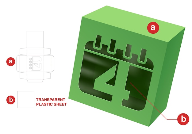 doos met gestanste sjabloon voor datumvenster en 3D-mockup