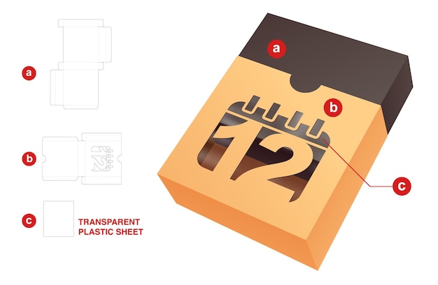 doos met gestanste sjabloon voor datumvenster en 3D-mockup