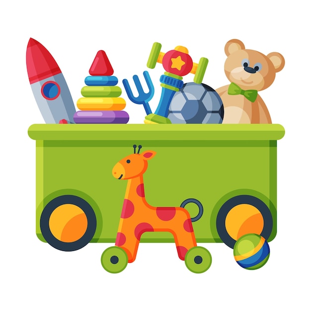 Doos met verschillende kleurrijke speelgoed Plastic container met Skateboard Giraffe Piramide Bal Giraffe op wielen Rocket Flat Vector Illustratie