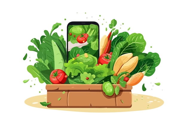 Doos met verse groenten in de buurt van mobiele telefoon met applicatie met gezonde saladerecepten voor vegetariërs Biologische groenten geleverd vanuit boerderijwinkel voor gezondheids- en dieetbewuste mensen