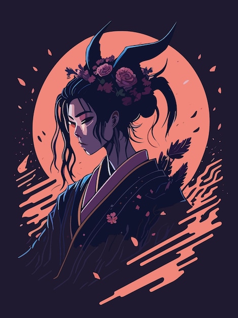 Grafica digitale gotica droga di un design di poster vettoriali con illustrazione di geisha giapponese