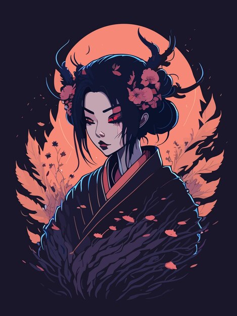 Grafica digitale gotica droga di un design di poster vettoriali con illustrazione di geisha giapponese
