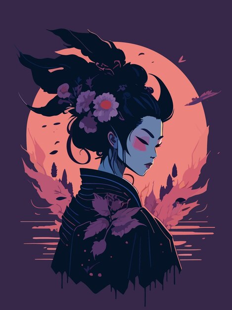 dope gothic digital artwork of a japanese geisha illustration vector poster design