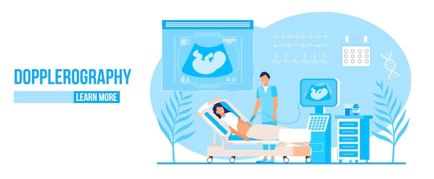 벡터 방문 페이지에 대한 dopplerography 개념 벡터 의사는 병원 사무실에서 초음파 태아 선별 검사를 하고 있습니다. 기계 벡터를 보고 있는 아기 배 초음파 검사의 개념