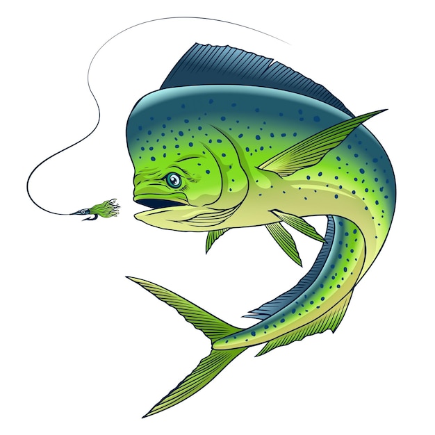 Dorado fish catching fishing lure illustrazione disegnata a mano