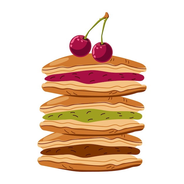 Frittelle dorayaki con ciliegie bakery asianfood illustrazione disegnata a mano sfondo bianco isolato