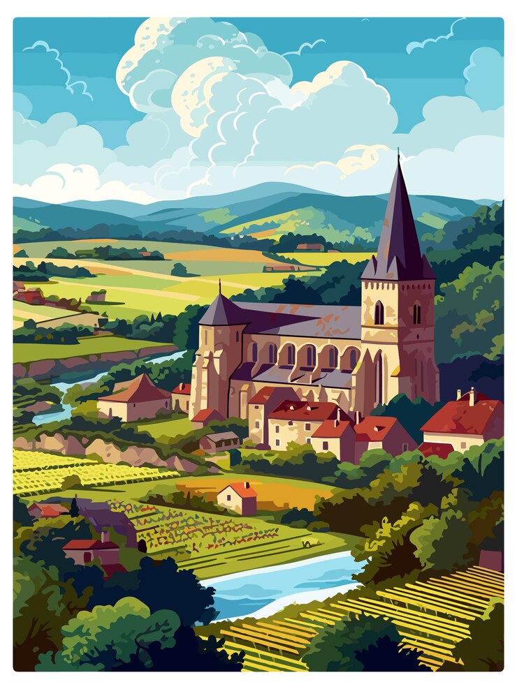 Vector dordogne decoration vintage travel poster souvenir postcard portrait painting wpa illustration