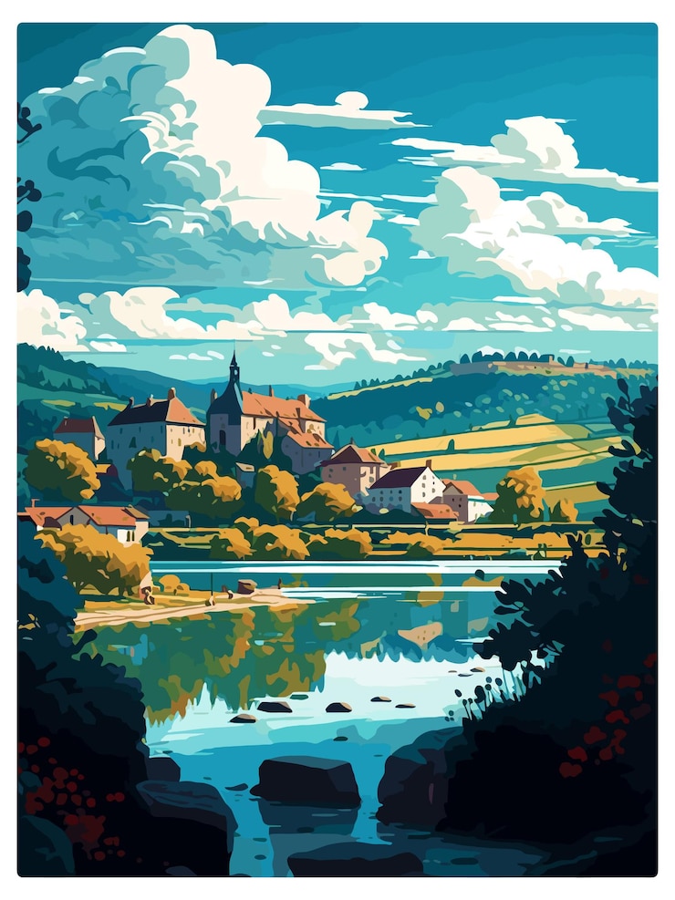 Vector dordogne decoration vintage travel poster souvenir postcard portrait painting wpa illustration