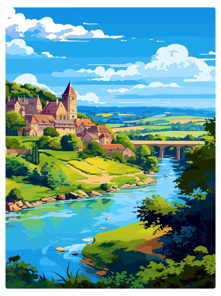 Vector dordogne france vintage travel poster souvenir postcard portrait painting wpa illustration
