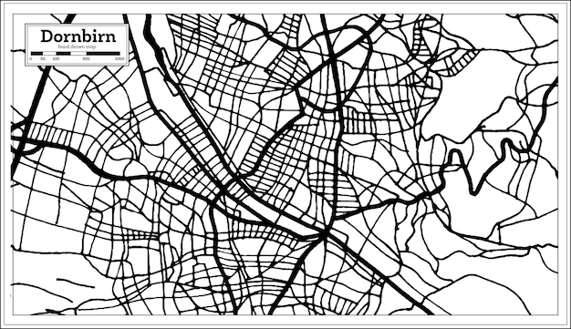 복고 스타일 개요 지도에서 흑백 색상의 도른비른 오스트리아 도시 지도