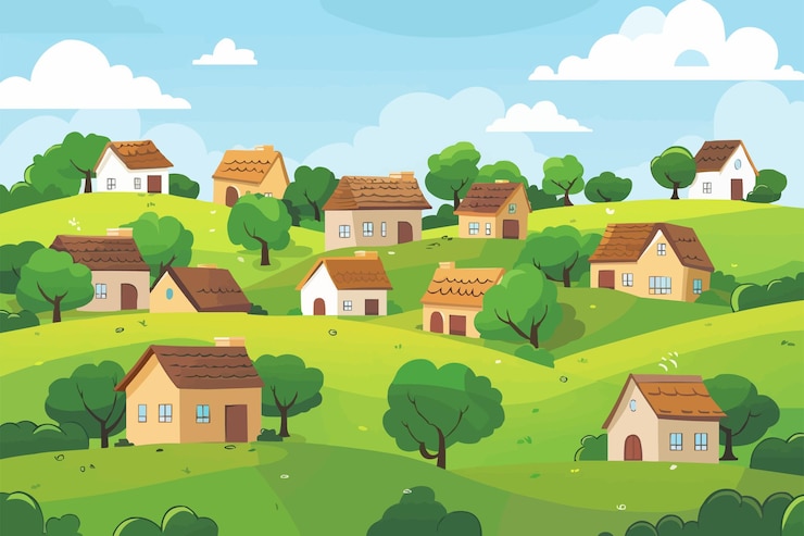 Vector dorpshuizen op groene heuvels in de vector stijl