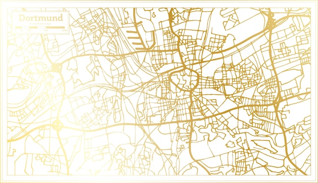 Mappa della città di dortmund in germania in stile retrò con mappa di contorno a colori dorati