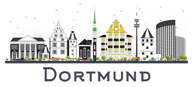 白で隔離される色の建物とドルトムントドイツの街のスカイライン。ベクトルイラスト。歴史的な建築とビジネス旅行と観光の概念。ランドマークのあるドルトムントの街並み。
