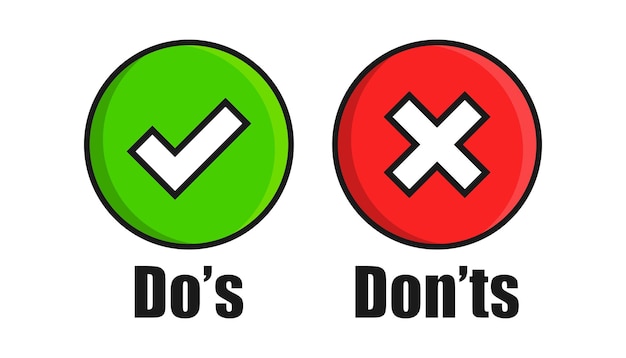 Dos en dont's ondertekenen pictogram in vlakke stijl zoals in tegenstelling tot vectorillustratie op witte geïsoleerde achtergrond Ja nee bedrijfsconcept