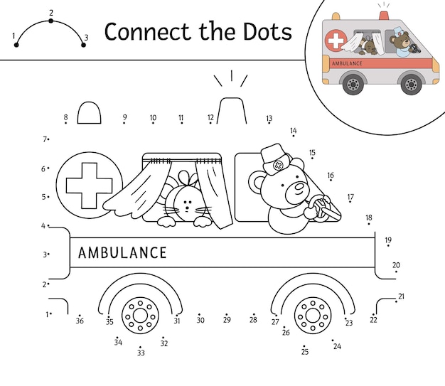 dot to dot activity with ambulance and cute animals