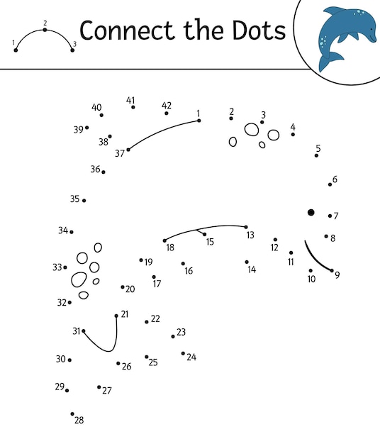 dot-to-dot activity with cute animal. Connect the dots game. Dolphin line drawing. Funny summer coloring page for kids.