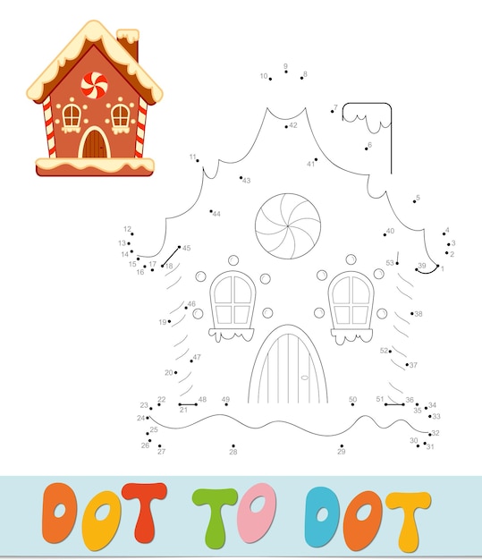 Dot to dot christmas puzzle. connect dots game. gingerbread house vector illustration