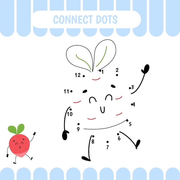 Dot to dot educational game for preschool kids Radish Activity worksheet Counting number handwriting practice Vector Illustration