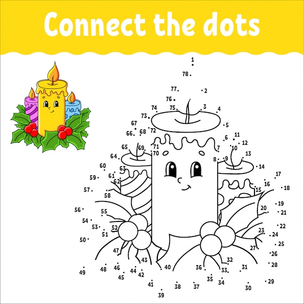 Dot to dot game. Draw a line. Christmas burning candles decorated with holly leaves.