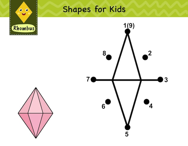 Gioco punto per punto per bambini collega i punti e disegna una pagina di attività di apprendimento a forma di rombo di cristallo