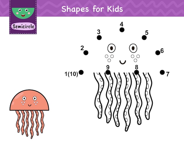 Gioco punto per punto per bambini. unisci i punti e disegna una simpatica medusa. imparare la forma del semicerchio